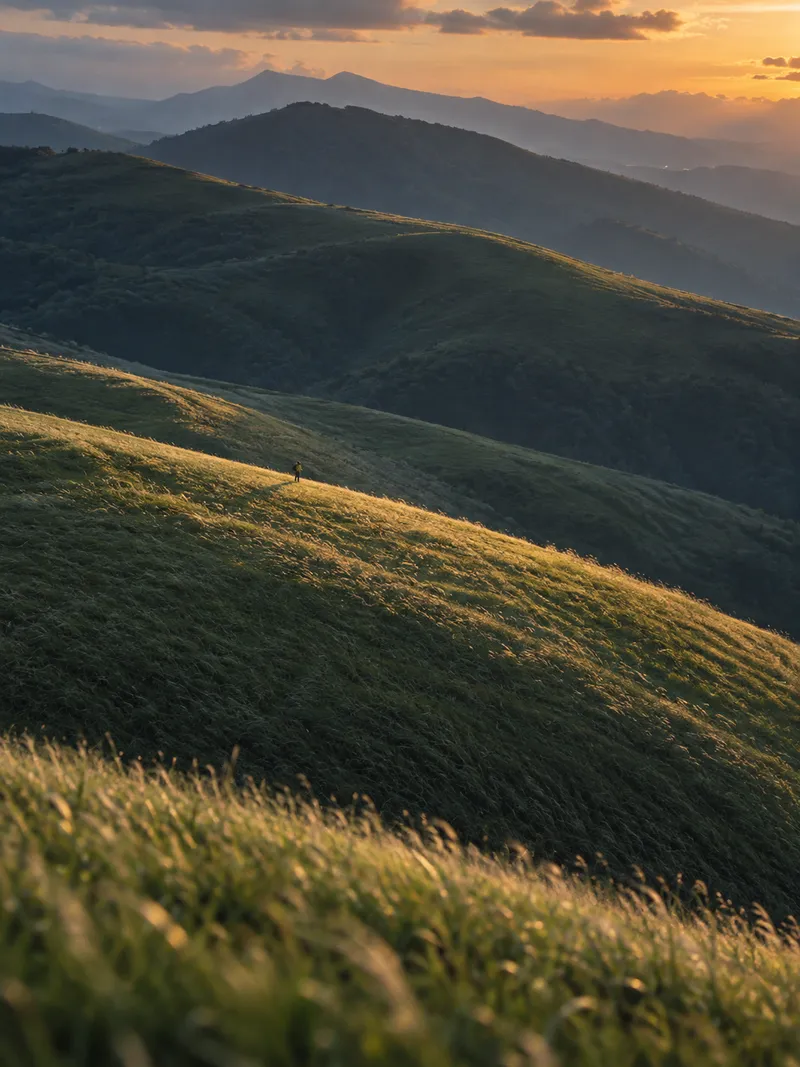 Lone Hiker on Layered Green Ridges — AI-generated photograph