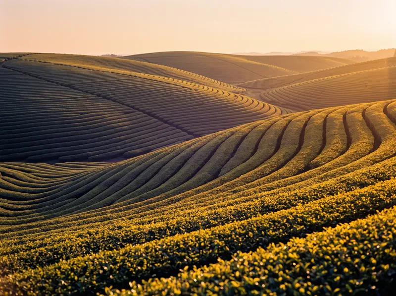 Tea Rows at Golden Hour with Violet Shadows — AI-generated photograph