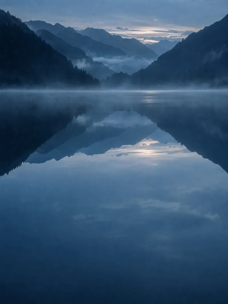 Narrow Valley Reflected in Still Lake — AI-generated photograph