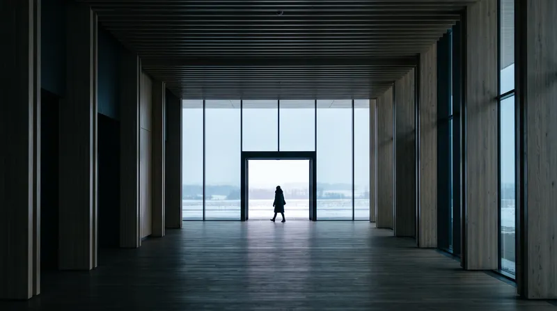 Distant Figure in a Timber Concourse Toward Bright Glazing — AI-generated photograph