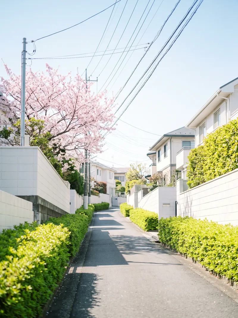 Quiet Residential Slope Under a Pale Spring Sky — AI-generated photograph