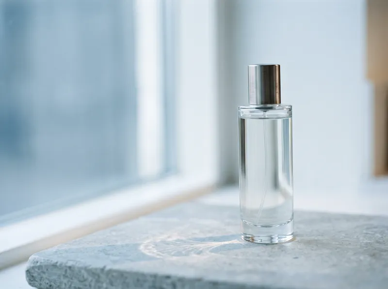 Glass Perfume Bottle in Cool Morning Light — AI-generated photograph