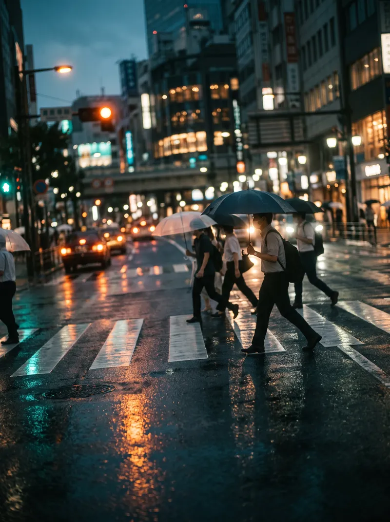Umbrellas at a Rain-Wet Crossing at Dusk — AI-generated photograph
