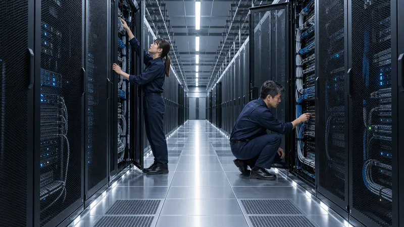 Infrastructure Team Inspecting Server Aisle — AI-generated photograph