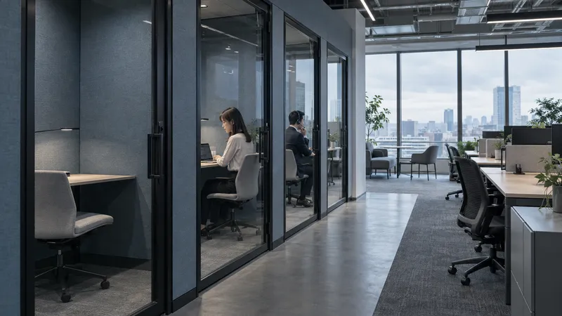 Work Booths Beside Open Office Desks — AI-generated photograph