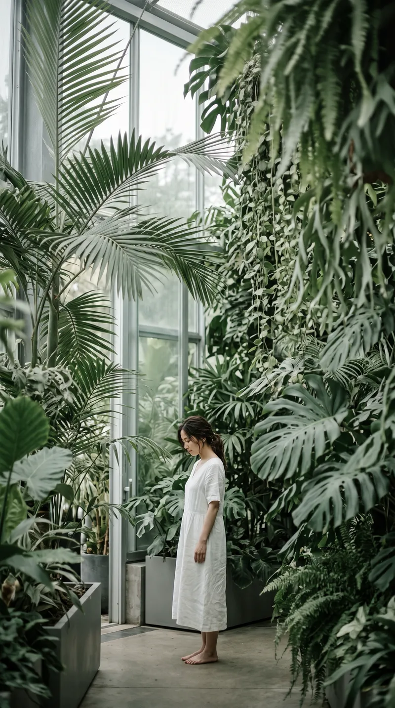 Woman Among Conservatory Palms in Soft Light — AI-generated photograph
