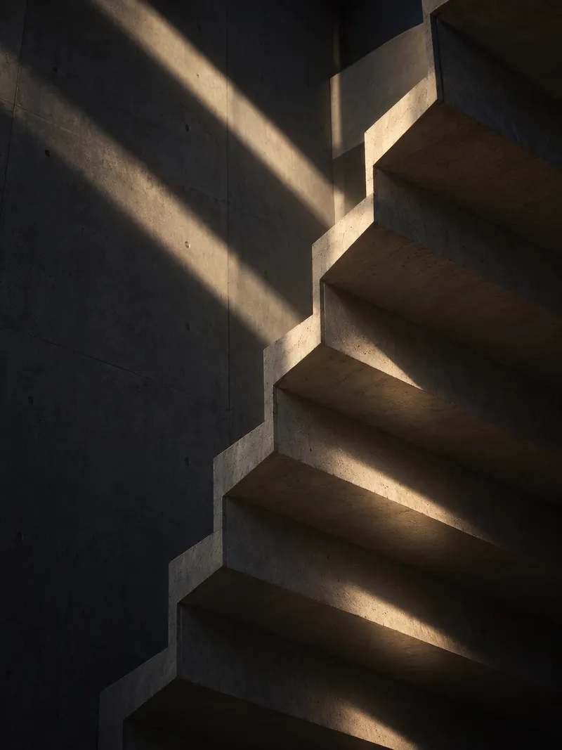 Folded Concrete Staircase Under Divided Light — AI-generated photograph