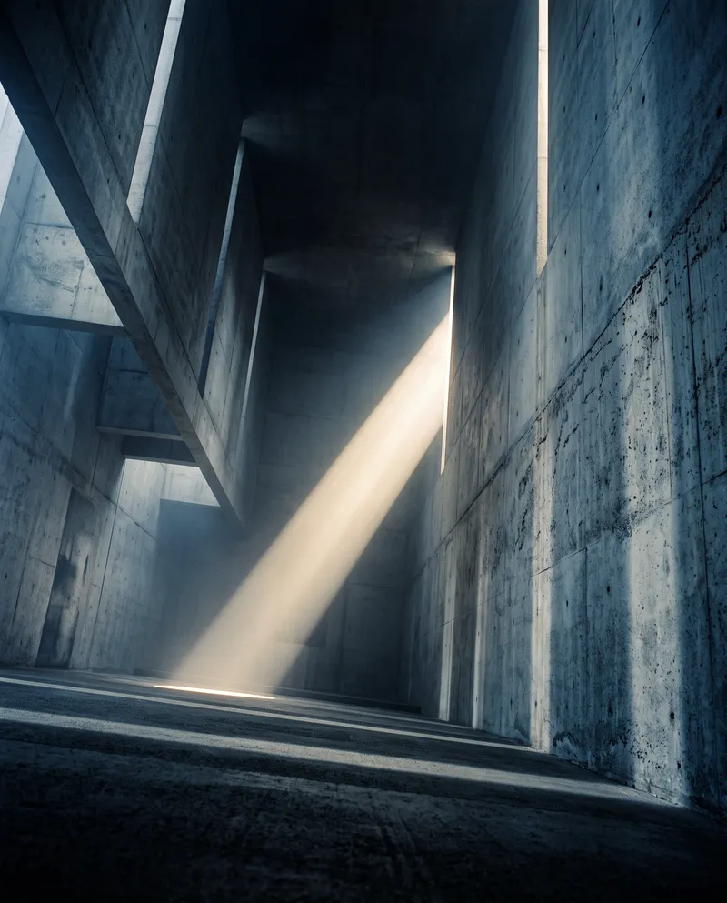 Sunbeam Through a Concrete Chapel Interior — AI-generated photograph