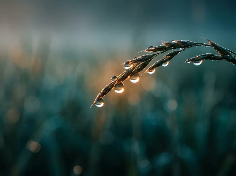 Backlit Dew on a Grass Blade at Dawn — AI-generated photograph