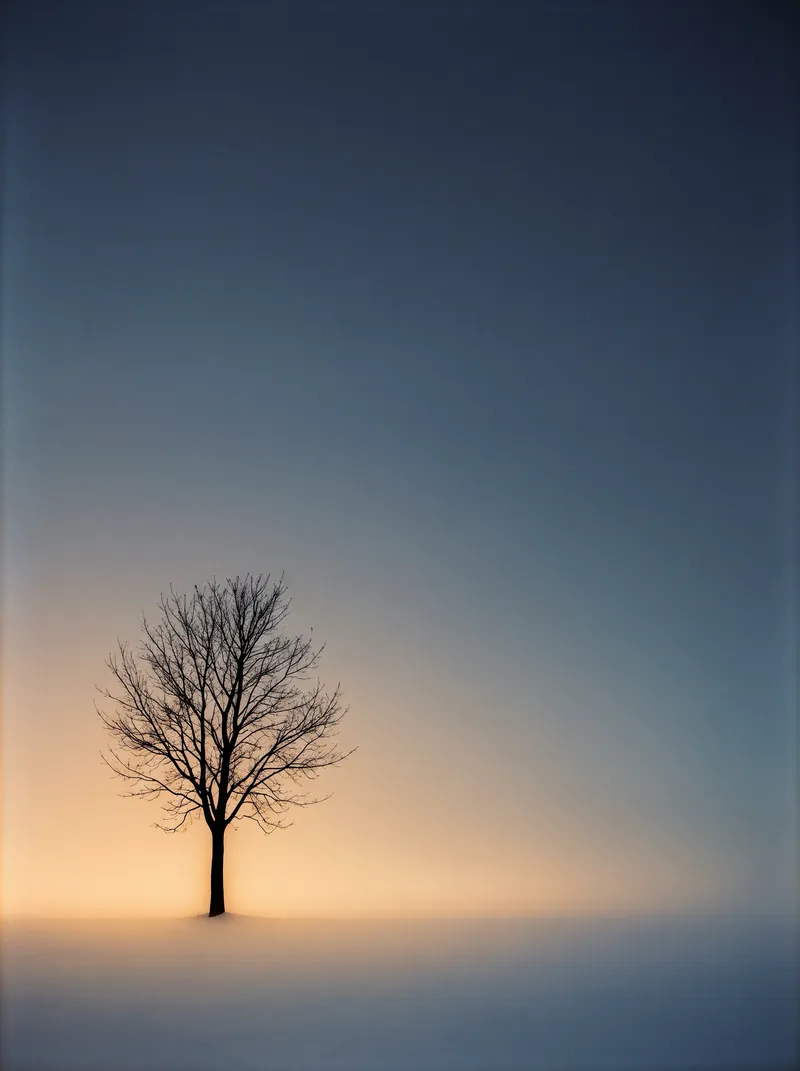 Bare Tree Silhouette Against an Amber to Blue Gradient — AI-generated photograph
