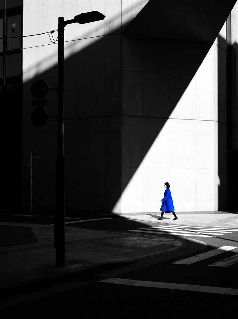 Blue Coat Crossing a Sunlit Intersection — AI-generated photograph
