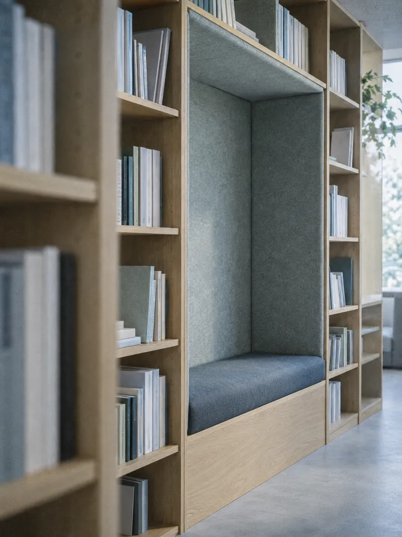 Reading Alcove Built into Office Bookshelves — AI-generated photograph
