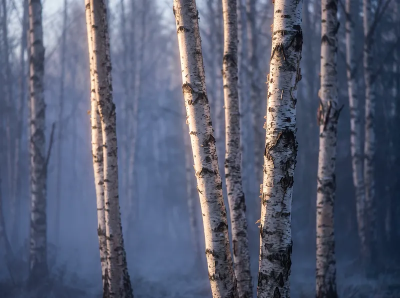 Backlit Birch Trunks in Morning Mist — AI-generated photograph