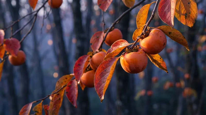Backlit Persimmons and Leaves With Misty Depth — AI-generated photograph