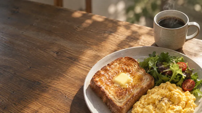 Scrambled Eggs and Toast Viewed From Above — AI-generated photograph