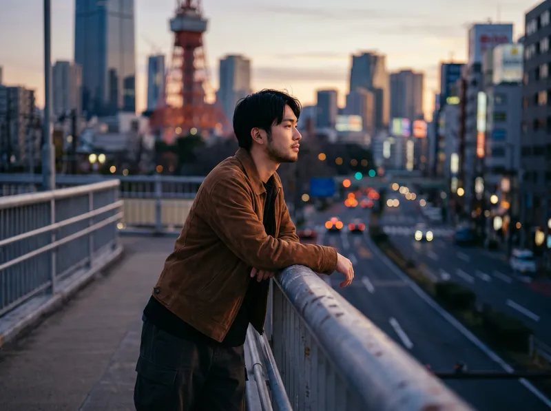 Young Man on an Overpass at Dusk — AI-generated photograph
