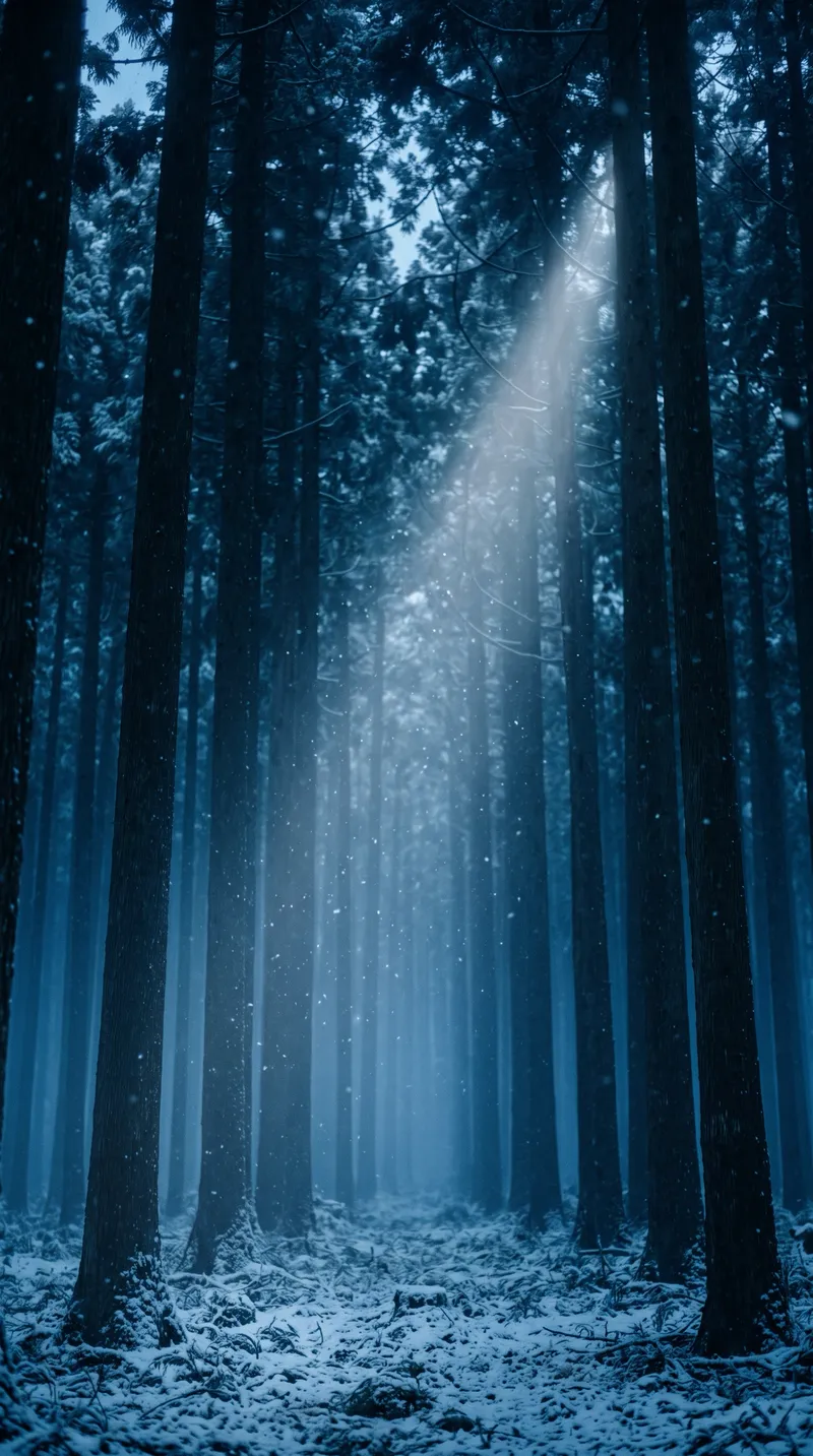 Snow Motes in a Light Shaft Between Blue Predawn Cedars — AI-generated photograph