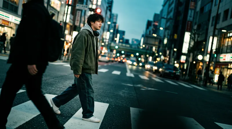 Man Walking a City Crosswalk at Dusk — AI-generated photograph