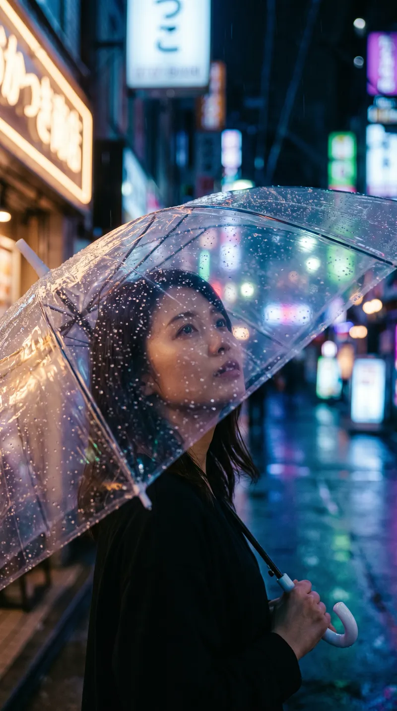 Amber Neon Rain on a Clear Umbrella — AI-generated photograph