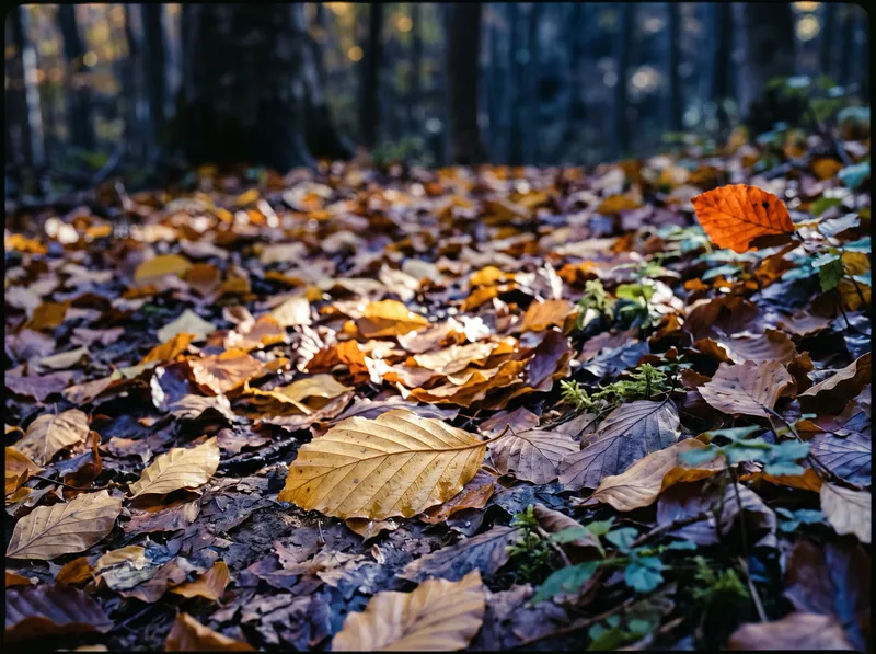 Fallen Golden Leaves on Forest Floor — AI-generated photograph