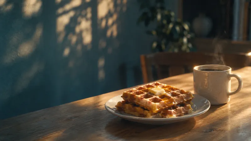Waffles and Coffee in Window Light — AI-generated photograph