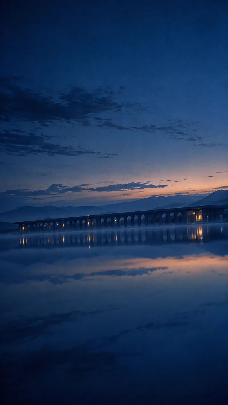 Arched Colonnade Reflected in Blue Water — AI-generated photograph