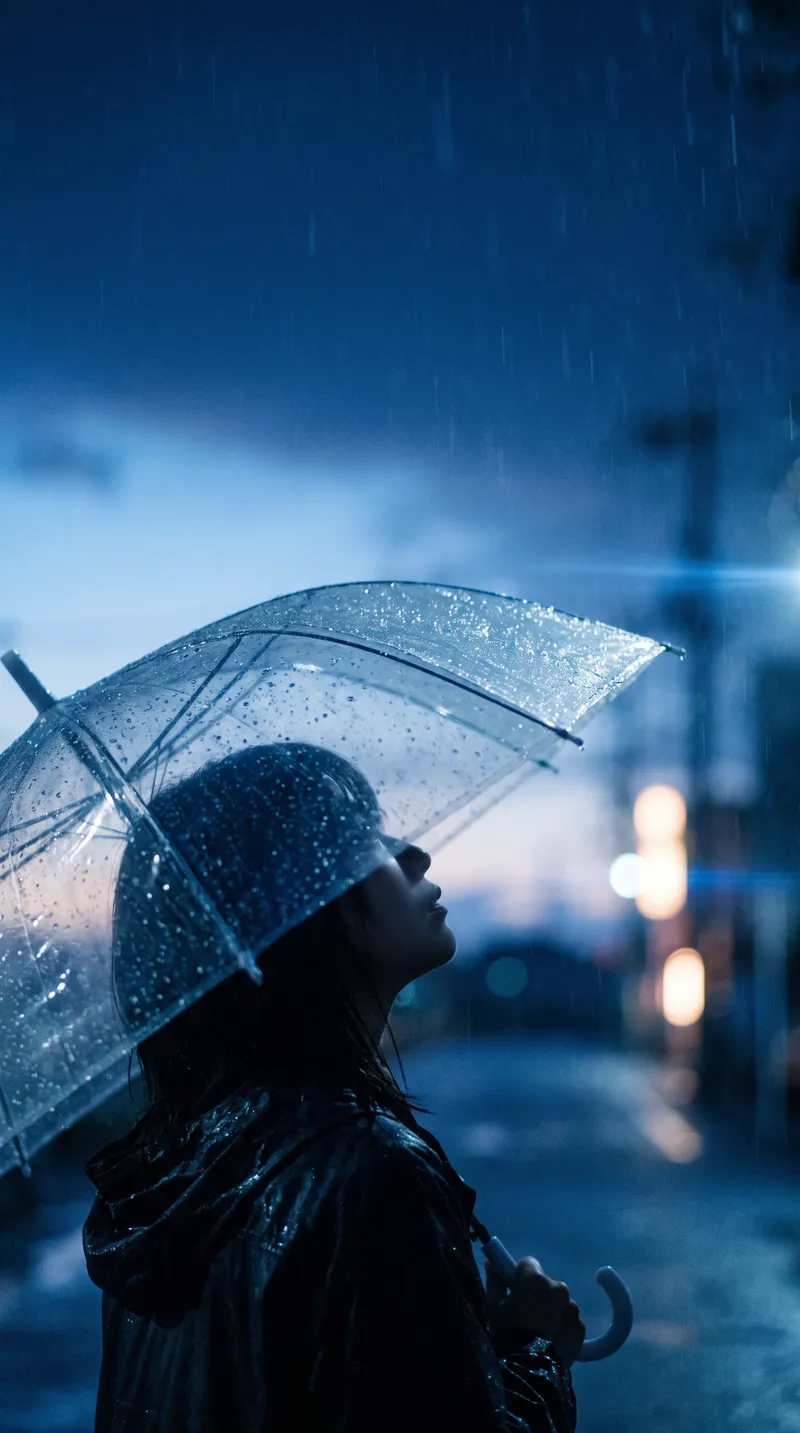 Umbrella Silhouette in Blue Night Rain — AI-generated photograph