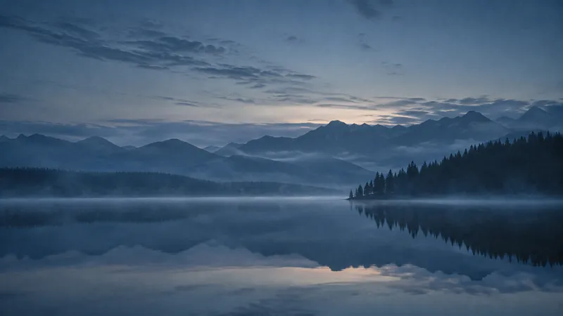 Conifer Peninsula Mirrored in a Lake — AI-generated photograph