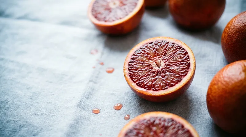 Halved Blood Oranges on Pale Linen — AI-generated photograph
