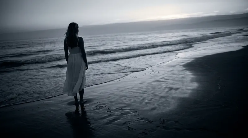 Silhouette of a Woman on a Backlit Shore in Monochrome — AI-generated photograph