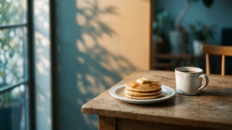 Pancakes and Coffee Mug in Warm Window Light — AI-generated photograph