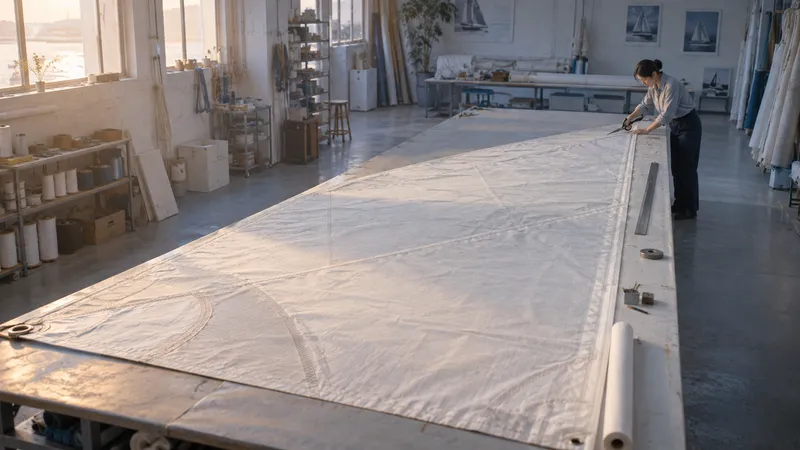 Woman Cutting Sailcloth in a Sail Loft — AI-generated photograph