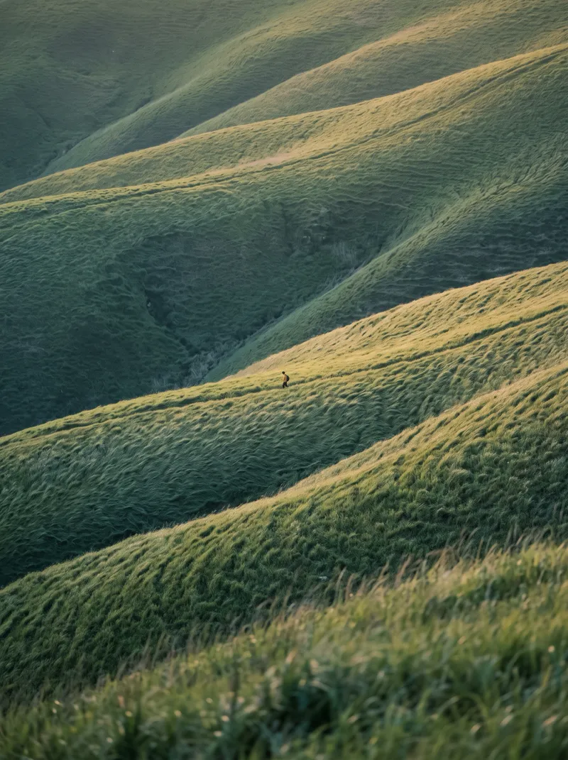 Lone Hiker on Spring Highland Ridges at Dusk — AI-generated photograph