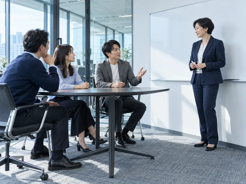 Colleagues Talking Beside a Blank Whiteboard — AI-generated photograph