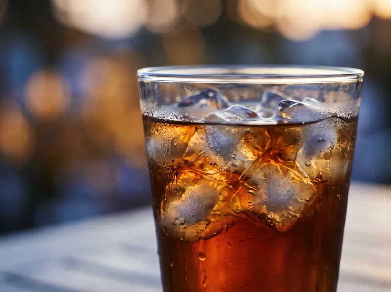 Backlit Iced Tea Glass with Violet Shadows — AI-generated photograph