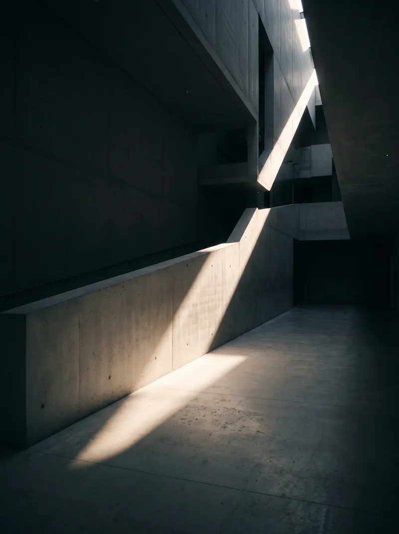 Concrete Atrium Crossed by a Light Shaft — AI-generated photograph