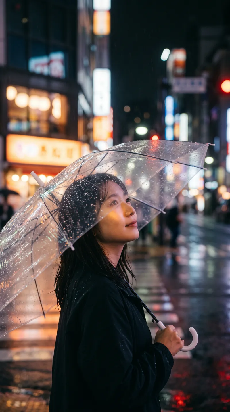 Woman with a Clear Umbrella at a Neon Crosswalk — AI-generated photograph