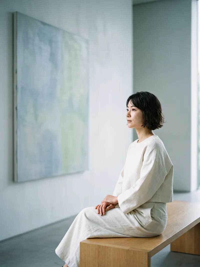 Seated Woman Facing a Pale Gallery Artwork — AI-generated photograph