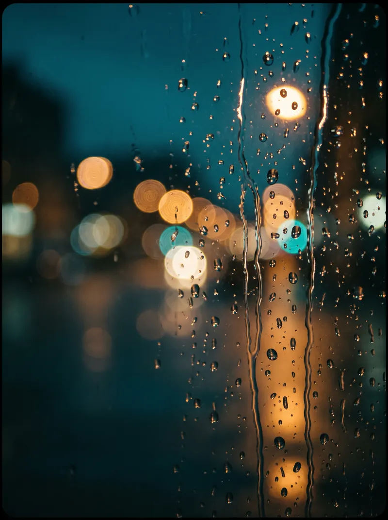 Teal and Amber Bokeh on Rainy Night Glass — AI-generated photograph