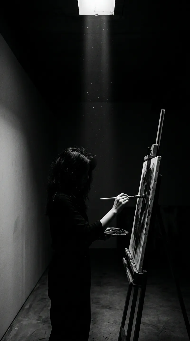 Painter's Hands Under a Shaft of Light in Monochrome — AI-generated photograph