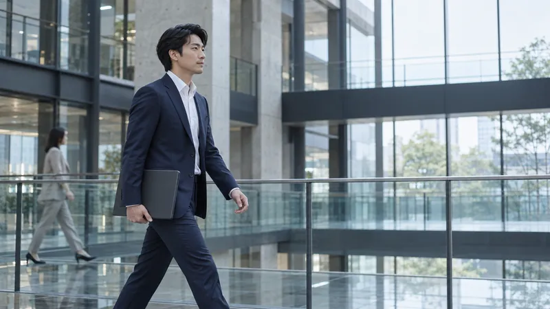 Man Crossing a Glass Office Atrium — AI-generated photograph