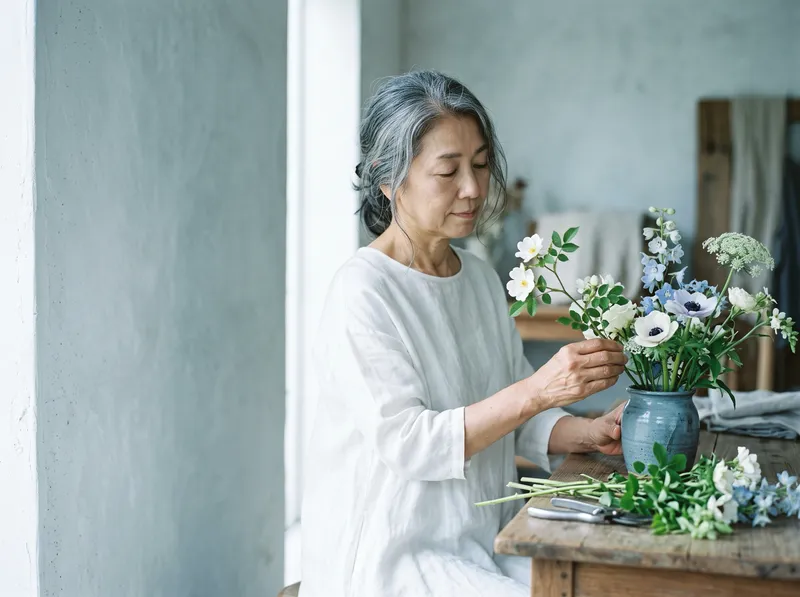 Elderly Florist Arranging Flowers in Cool Light — AI-generated photograph