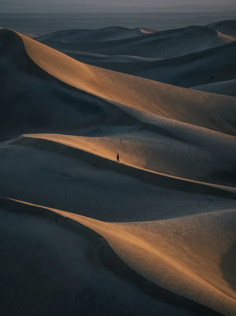 Wind-Rippled Dune Ridges at Dusk — AI-generated photograph