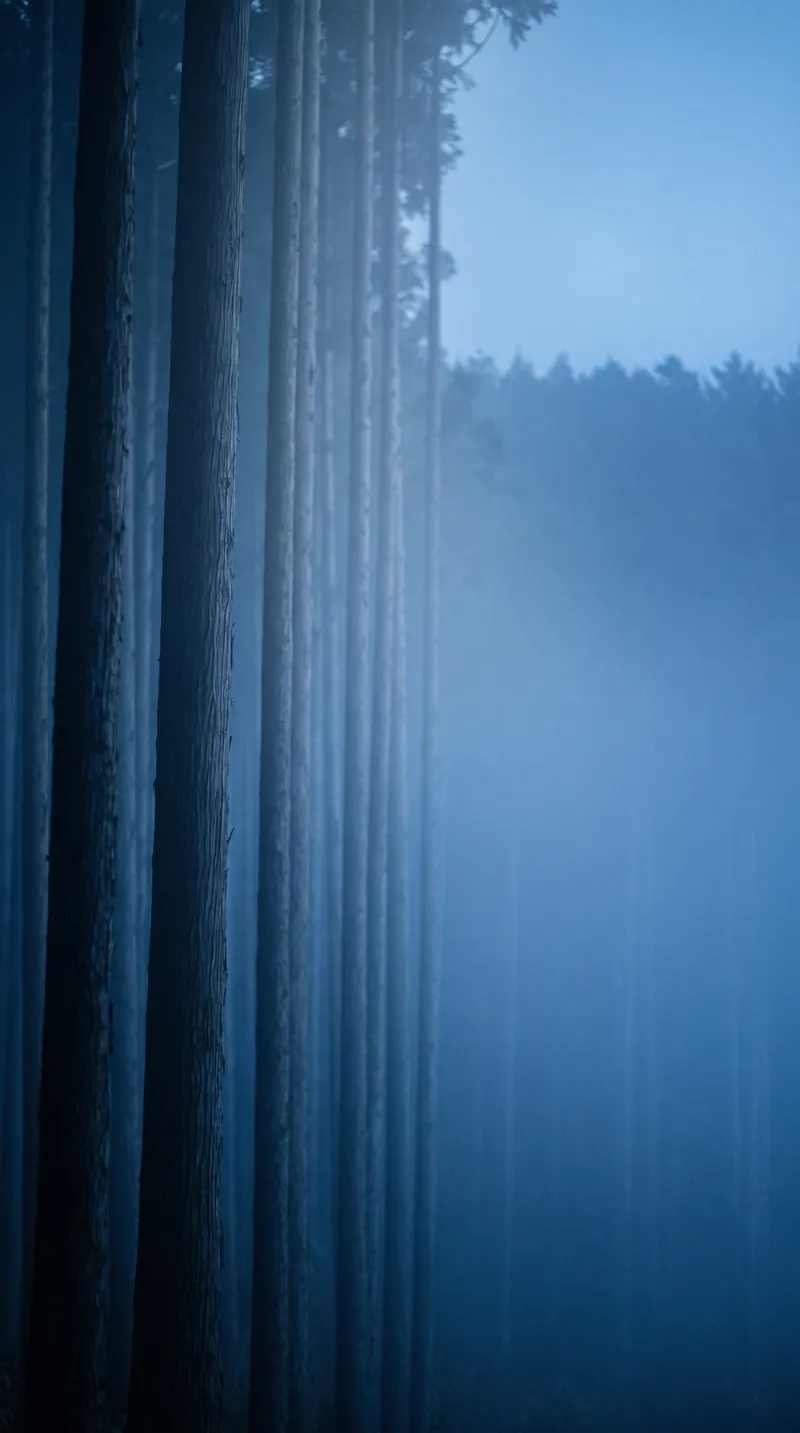 Cedar Trunks in Blue Night Mist — AI-generated photograph