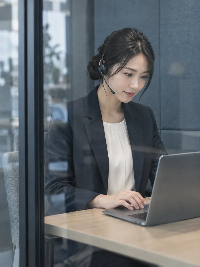 Woman on a Call Inside an Office Booth — AI-generated photograph