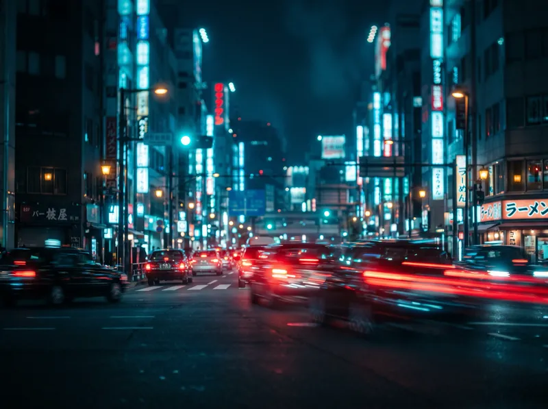Red Tail Lights and Teal Neon at a Crossing — AI-generated photograph