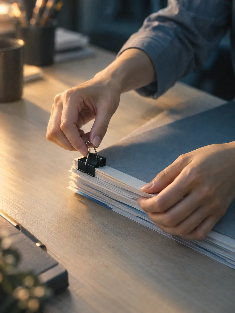 Hands Clipping a Stack of Documents — AI-generated photograph