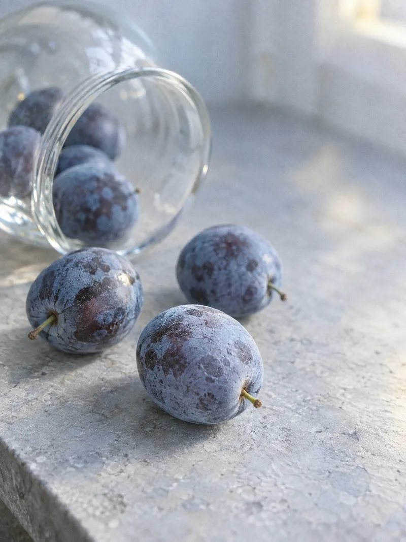 Plums Beside a Tipped Glass Bowl — AI-generated photograph