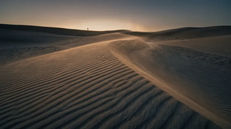 Sweeping Dune Ripples Toward a Low Backlit Sun — AI-generated photograph