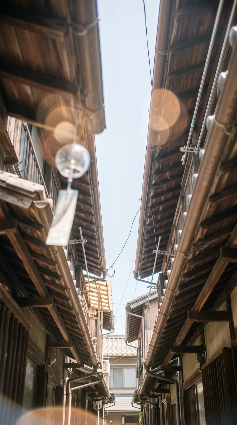 Upward View Between Alley Eaves — AI-generated photograph